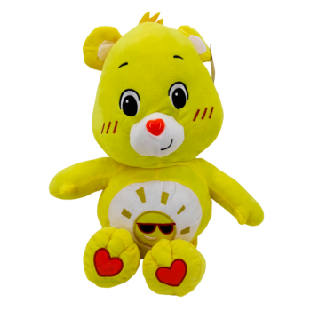 Gelbes Glücksbärchen-Plüschtier mit Sonnen-Bauchmotiv (Sonne mit Sonnenbrille), sitzend ca. 44 cm